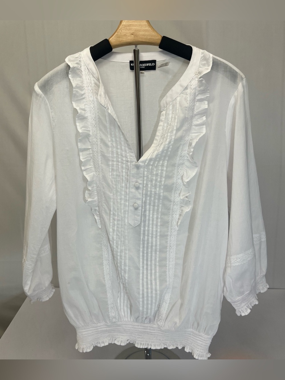Karl Lagerfeld White Ruffle Pintuck Peasant Blouse